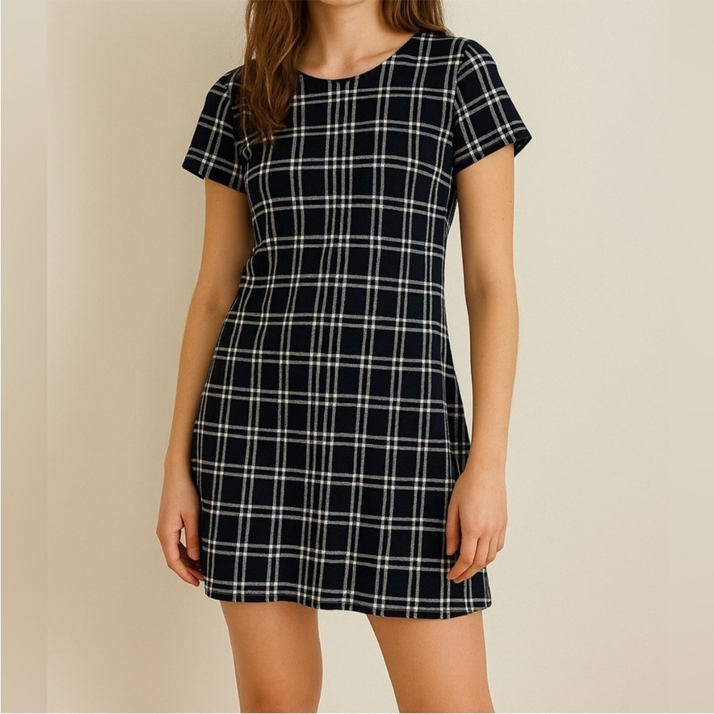 Theory Branteen‎ JP Check Knit Mini Dress Navy White Plaid Size Large